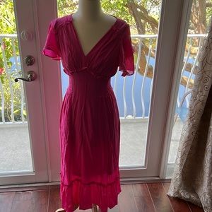 225.Women's V-Neck Short Sleeve Smocked Detail Maxi Dress Ruffle Hem Lining NWT